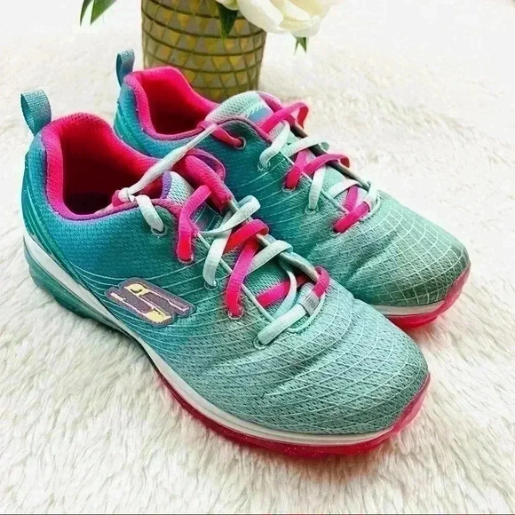 Sketchers Child Sketch Air Deluxe Turquoise/ Pink Mesh Running Sneaker Size 5 - Picture 1 of 12